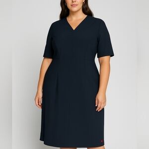 Hugo Boss Dress Wool Short Sleeve V Neckline Sheath Dress Dark Navy Size 14